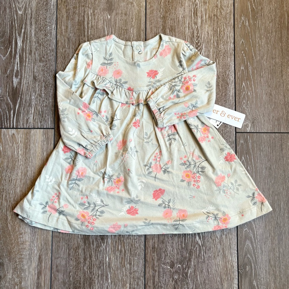 Ever & Ever Baby Girl Floral Long Sleeve Dress Sage Pink Ruffle NWT